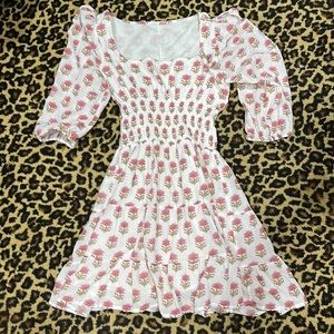 Reformation block print cotton U neck,shirred waistline 3/4 sleeve